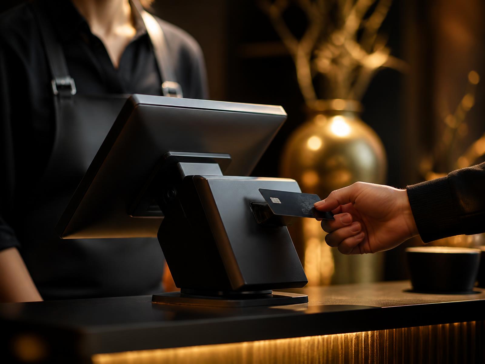 Customer tapping a card on a modern black point-of-sale terminal at a business checkout counter