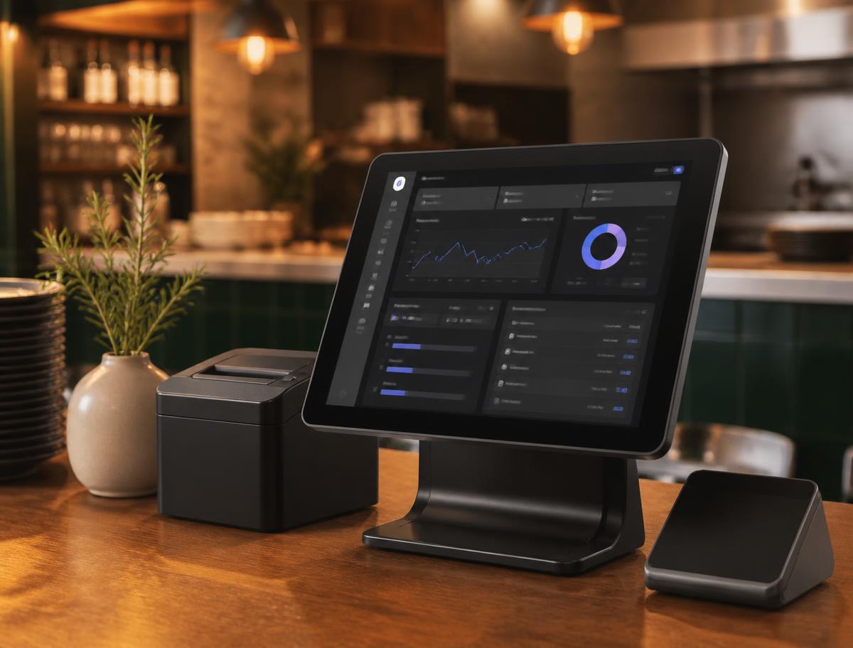 Modern tablet POS system with a sales dashboard on a restaurant counter