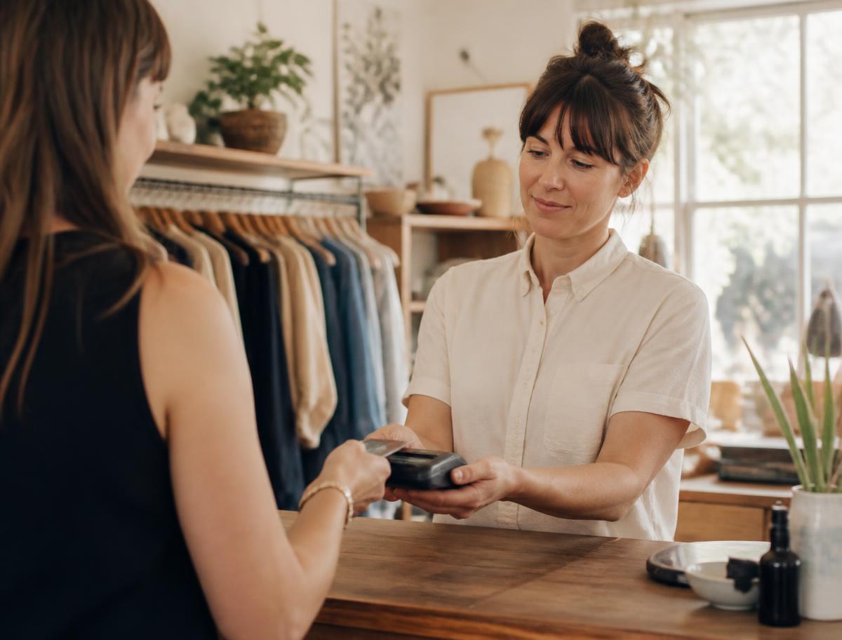Retail shop owner taking a contactless card payment on a wireless terminal